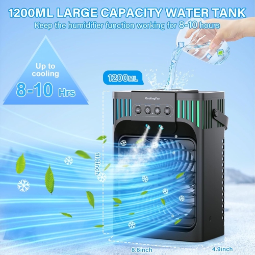 Portable Air Conditioners, 4-in-1 Evaporative Air Cooler with 1200ML Tank, 3 Speeds, 3 Modes & 7 LED Light Cooling Fan with Remote, 2-8H Timer,