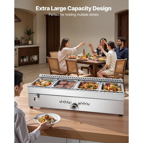 VEVOR 4-Pan Commercial Propane Steam Table, LP Gas Outdoor Soup Warmer with Drain Valve, Stainless Steel Propane Food Warmer with Adjustable