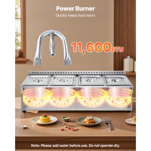 VEVOR 4-Pan Commercial Propane Steam Table, LP Gas Outdoor Soup Warmer with Drain Valve, Stainless Steel Propane Food Warmer with Adjustable