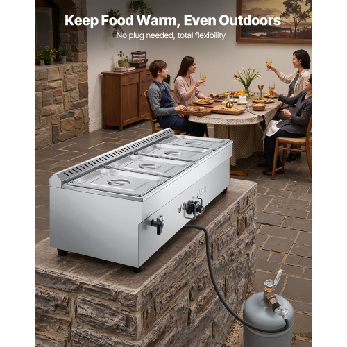 VEVOR 4-Pan Commercial Propane Steam Table, LP Gas Outdoor Soup Warmer with Drain Valve, Stainless Steel Propane Food Warmer with Adjustable