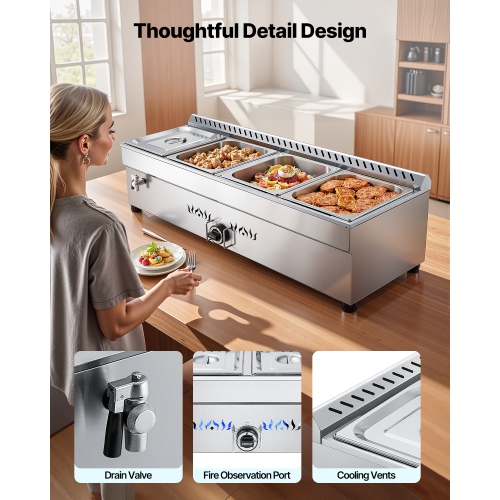 VEVOR 4-Pan Commercial Propane Steam Table, LP Gas Outdoor Soup Warmer with Drain Valve, Stainless Steel Propane Food Warmer with Adjustable