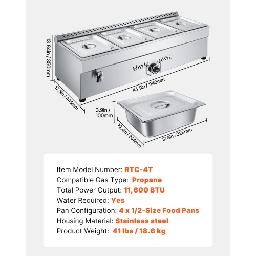 VEVOR 4-Pan Commercial Propane Steam Table, LP Gas Outdoor Soup Warmer with Drain Valve, Stainless Steel Propane Food Warmer with Adjustable