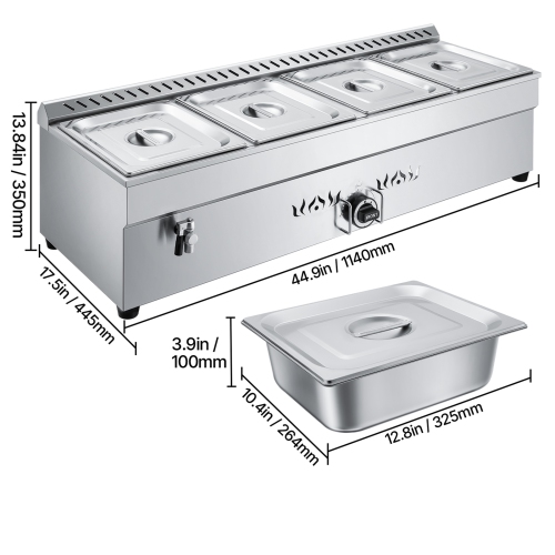 VEVOR 4-Pan Commercial Propane Steam Table, LP Gas Outdoor Soup Warmer with Drain Valve, Stainless Steel Propane Food Warmer with Adjustable