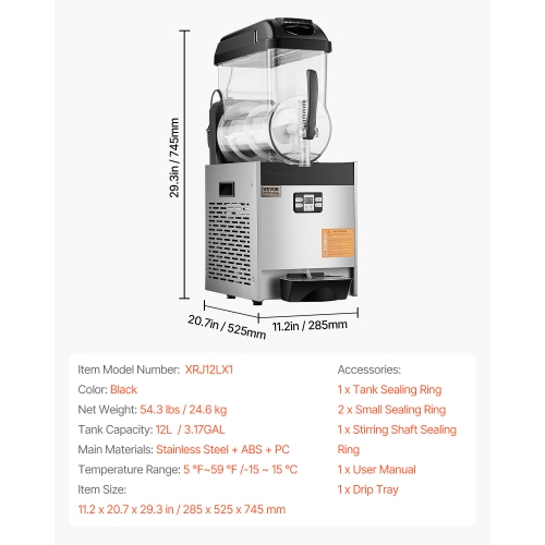 VEVOR 12L Commercial Slushy Machine, Single Tank Frozen Drink Machine, 48 Cups Stainless Steel Margarita Smoothie Frozen Drink Maker, Slushie Maker