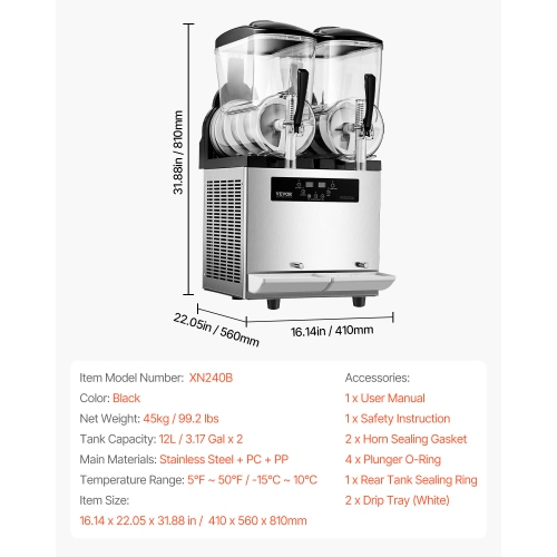 VEVOR 12Lx2 Commercial Slushy Machine, Double Tank Frozen Drink Machine, 96 Cups Stainless Steel Margarita Smoothie Frozen Drink Maker, Slushie Maker