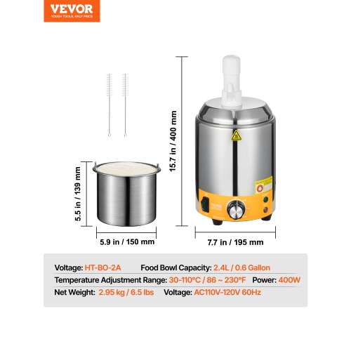 VEVOR 2.4L Electric Cheese Dispenser with Pump, Commercial Hot Fudge Warmer, Plastic Pump Dispenser, 86-230℉ Temp Adjustable Nacho Cheese Sauce