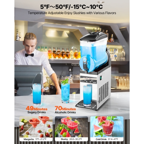VEVOR 15L Commercial Frozen Drink Maker, Single Tank Slushy Machine, 60 Cups Stainless Steel Margarita Smoothie Frozen Drink Machine, Slushie Maker