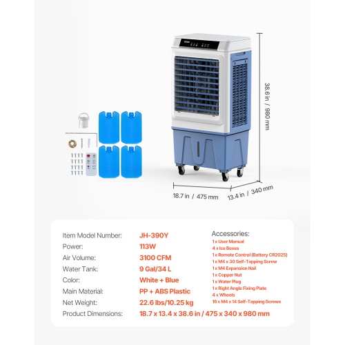 VEVOR 3100 CFM Evaporative Air Cooler, with 9 Gallon Water Tank Swamp Cooler, Portable Cooling Fan with Remote Control, 12H Timer, 4 Ice Boxes, Quiet