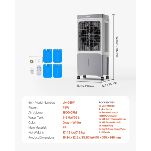 VEVOR 1800 CFM Evaporative Air Cooler, with 6.8 Gallon Water Tank Swamp Cooler, Portable Cooling Fan with Remote Control, 12H Timer, 4 Ice Boxes,