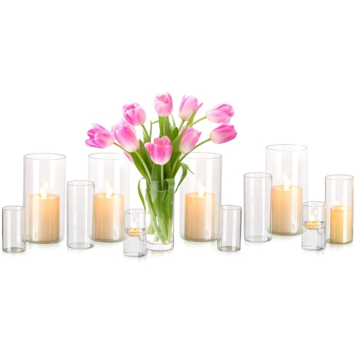 NIERBO Glass Hurricane Candle Holder Set of 12, for Table Centerpiece, Modern Cylinder Vases for Centerpieces, Glass Candle Cylinders Clear Candle