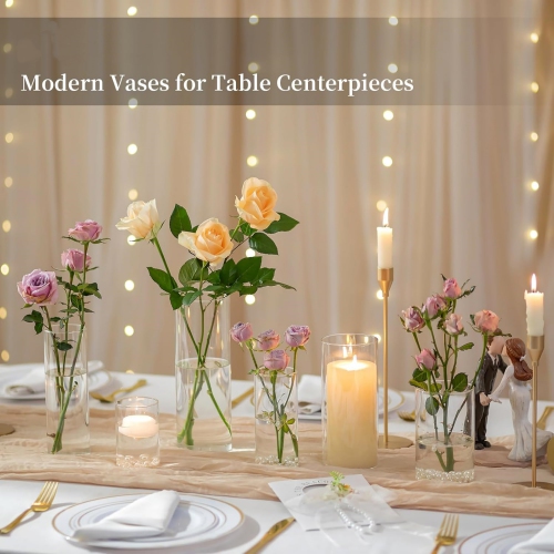 NIERBO Glass Hurricane Candle Holder Set of 6, for Table Centerpiece, Modern Cylinder Vases for Centerpieces, Glass Candle Cylinders Clear Candle