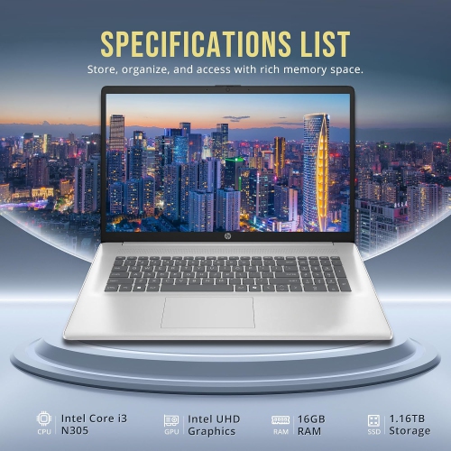 HP 17.3" HD+ Laptop, Intel Core i3-N305, 1.16TB Storage(1TB SSD+160GB Docking Station Set), 16GB RAM, Intel UHD Graphics, Numeric Keypad, Wi-Fi 6,