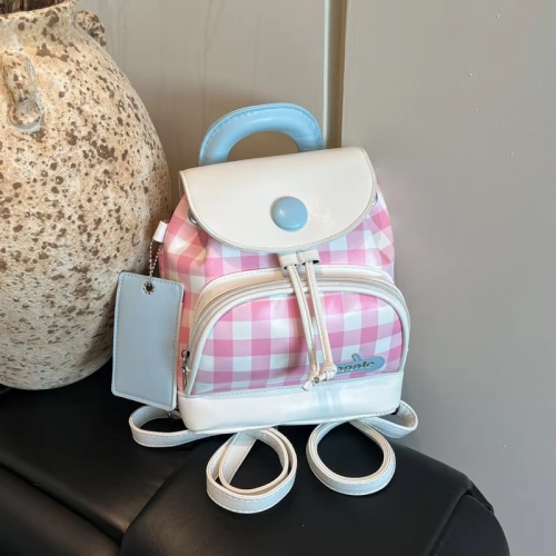 Cute girl student backpack 2025 Spring New contrasting color checkered backpack, high-end texture and fashionable women's bag - Pink