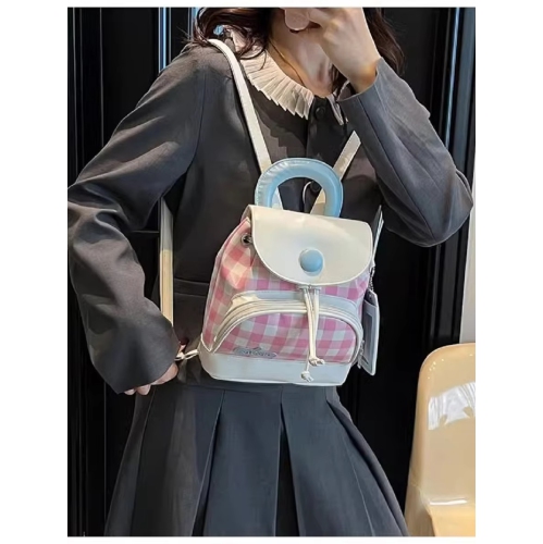 Cute girl student backpack 2025 Spring New contrasting color checkered backpack, high-end texture and fashionable women's bag - Pink