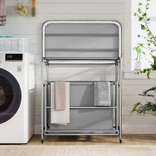 Gymax 3-Section Laundry Sorter w/ Foldable Ironing Board w/ 3 Removable Bags