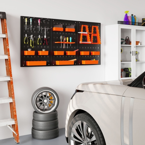 Gymax Pegboard Wall Organizer 9-Bin Parts Rack Organizer w/ Hammer Racks Tool Holders