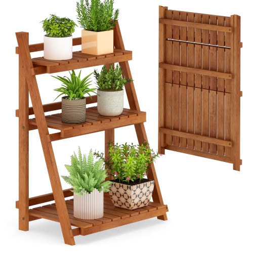 Gymax 3-Tier Wood Plant Stand Folding Flower Rack w/Ladder Design Anti-falling Bars