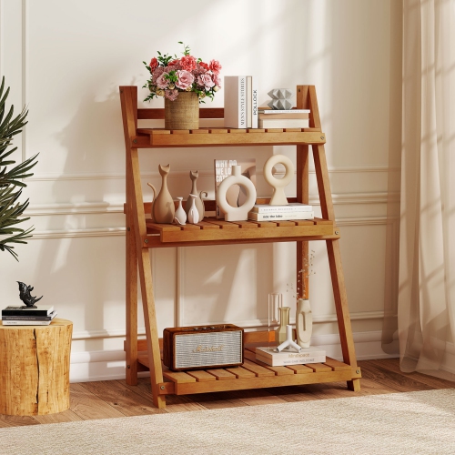 Gymax 3-Tier Wood Plant Stand Folding Flower Rack w/Ladder Design Anti-falling Bars