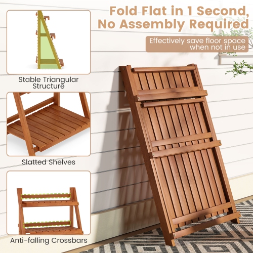 Gymax 3-Tier Wood Plant Stand Folding Flower Rack w/Ladder Design Anti-falling Bars