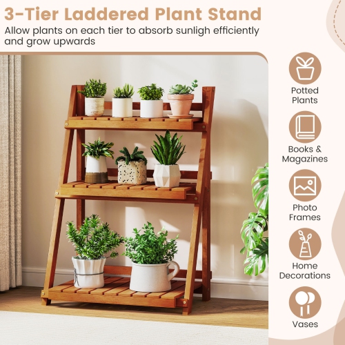 Gymax 3-Tier Wood Plant Stand Folding Flower Rack w/Ladder Design Anti-falling Bars