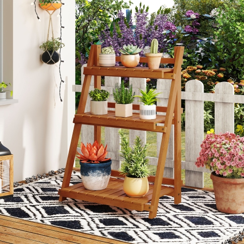 Gymax 3-Tier Wood Plant Stand Folding Flower Rack w/Ladder Design Anti-falling Bars