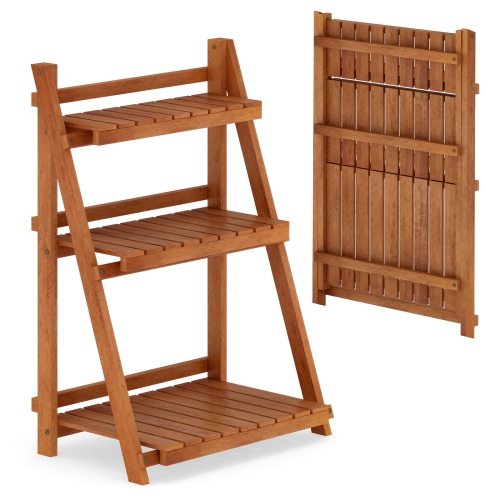 Gymax 3-Tier Wood Plant Stand Folding Flower Rack w/Ladder Design Anti-falling Bars