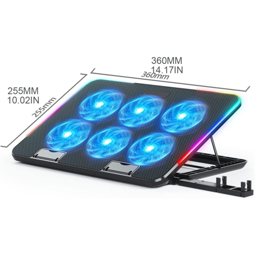 RGB Gaming Laptop Cooling Pad with 6 LED Fans, Strong Airflow, Adjustable Laptop Stand, and 2 USBs
