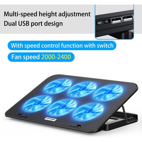 Laptop Cooling Pad, Laptop Cooler for 13-18 Inch Laptops with 6 Silent Fans, Adjustable Speed, 2 USB Ports and Phone Holder Red