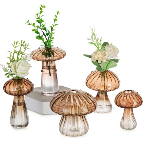 NIERBO  Amber Glass Mushroom Vase: Cute Small Flower Vase Set Of 5 Unique Mini Bud Vases for Centerpieces Decorative Vases for Flowers Funky Plant