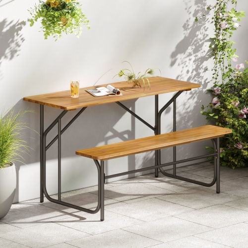 Gymax Patio Table Bench Set for 2 Picnic Table & Loveseat w/Acacia Wood Top Metal Legs