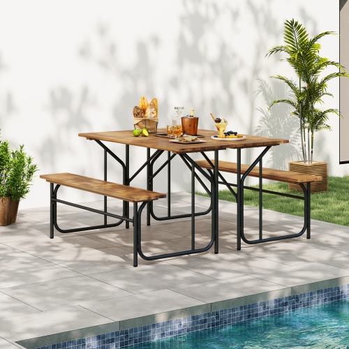 Gymax Patio Table Bench Set for 2 Picnic Table & Loveseat w/Acacia Wood Top Metal Legs