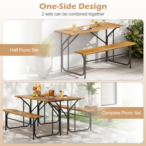 Gymax Patio Table Bench Set for 2 Picnic Table & Loveseat w/Acacia Wood Top Metal Legs