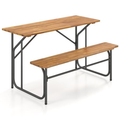 Gymax Patio Table Bench Set for 2 Picnic Table & Loveseat w/Acacia Wood Top Metal Legs