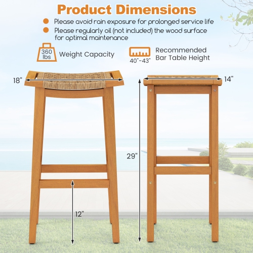 Gymax Outdoor Acacia Wood Bar Stools Set of 4 w/ PE Rattan Seats & Backrests
