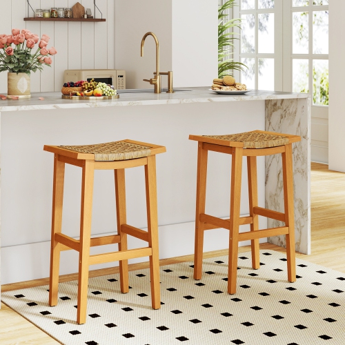 Gymax Outdoor Acacia Wood Bar Stools Set of 4 w/ PE Rattan Seats & Backrests