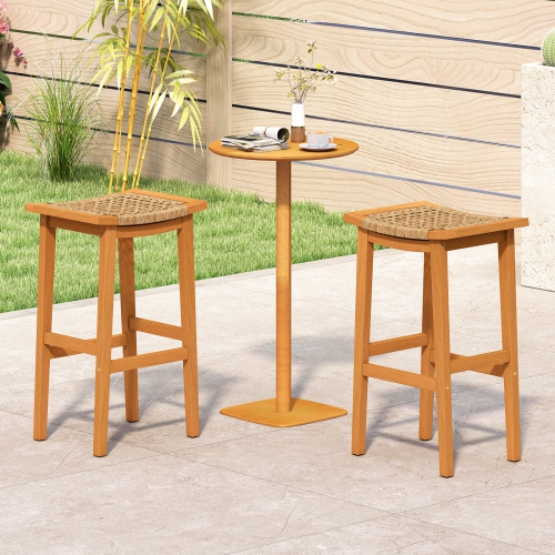 Gymax Outdoor Acacia Wood Bar Stools Set of 4 w/ PE Rattan Seats & Backrests