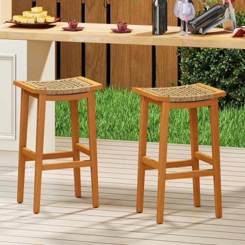 Gymax Outdoor Acacia Wood Bar Stools Set of 4 w/ PE Rattan Seats & Backrests