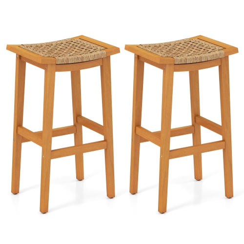 Gymax Outdoor Acacia Wood Bar Stools Set of 2 w/ PE Rattan Seats & Backrests