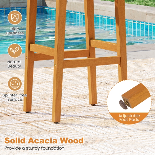 Gymax Outdoor Acacia Wood Bar Stools Set of 2 w/ PE Rattan Seats & Backrests