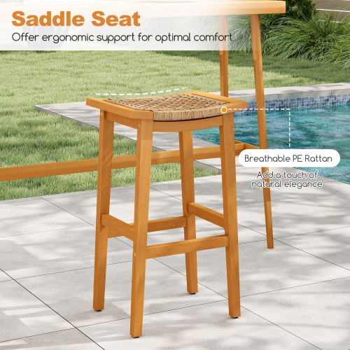 Gymax Outdoor Acacia Wood Bar Stools Set of 2 w/ PE Rattan Seats & Backrests
