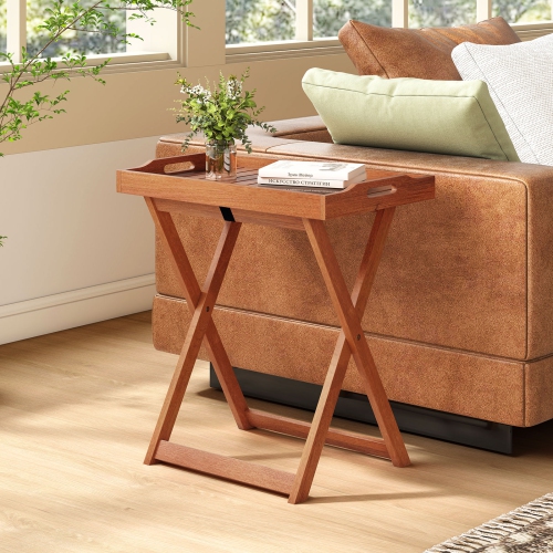 Gymax Solid Wood Tray Table Set of 2 w/Removable Top Rectangular TV Tray Bistro Table