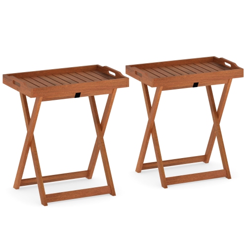 Gymax Solid Wood Tray Table Set of 2 w/Removable Top Rectangular TV Tray Bistro Table