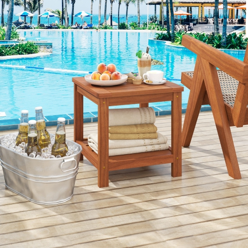 Gymax 2-Tier Adirondack Side Table w/ Slatted Tabletop Storage Shelf for Garden