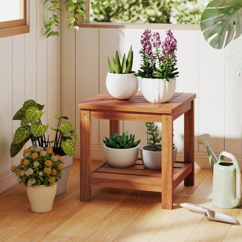 Gymax 2-Tier Adirondack Side Table w/ Slatted Tabletop Storage Shelf for Garden