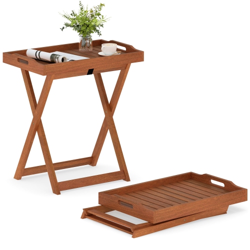 Gymax Patio Solid Wood Tray Table w/ Removable Top Rectangular TV Tray Bistro Table