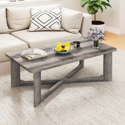 Gymax Coffee Table Solid Rubber Wood Center Table w/ X-Shaped Base for Living Room