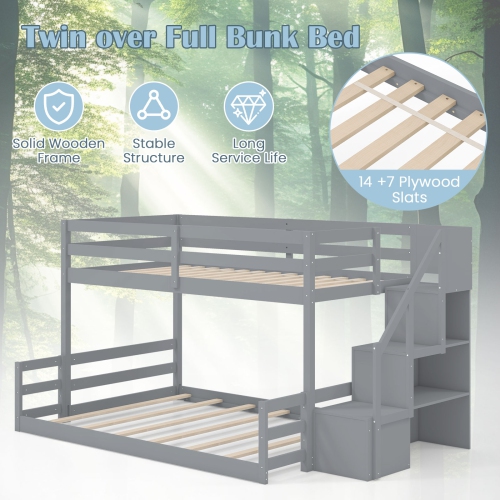 Gymax Twin Over Full Low Bunk Bed w/ Storage Stairs Full-length Guardrails