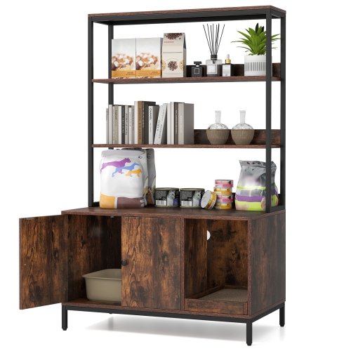 Gymax 57'' Cat Litter Box Enclosure w/ Storage 2-tier Shelves Removable Scratcher