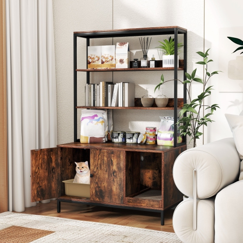 Gymax 57'' Cat Litter Box Enclosure w/ Storage 2-tier Shelves Removable Scratcher