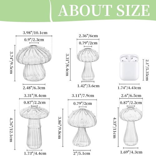 NIERBO Clear Glass Mushroom Vase: Cute Small Flower Vase Set of 5 Unique Mini Bud Vases for Centerpieces Decorative Vases for Flowers Funky Plant